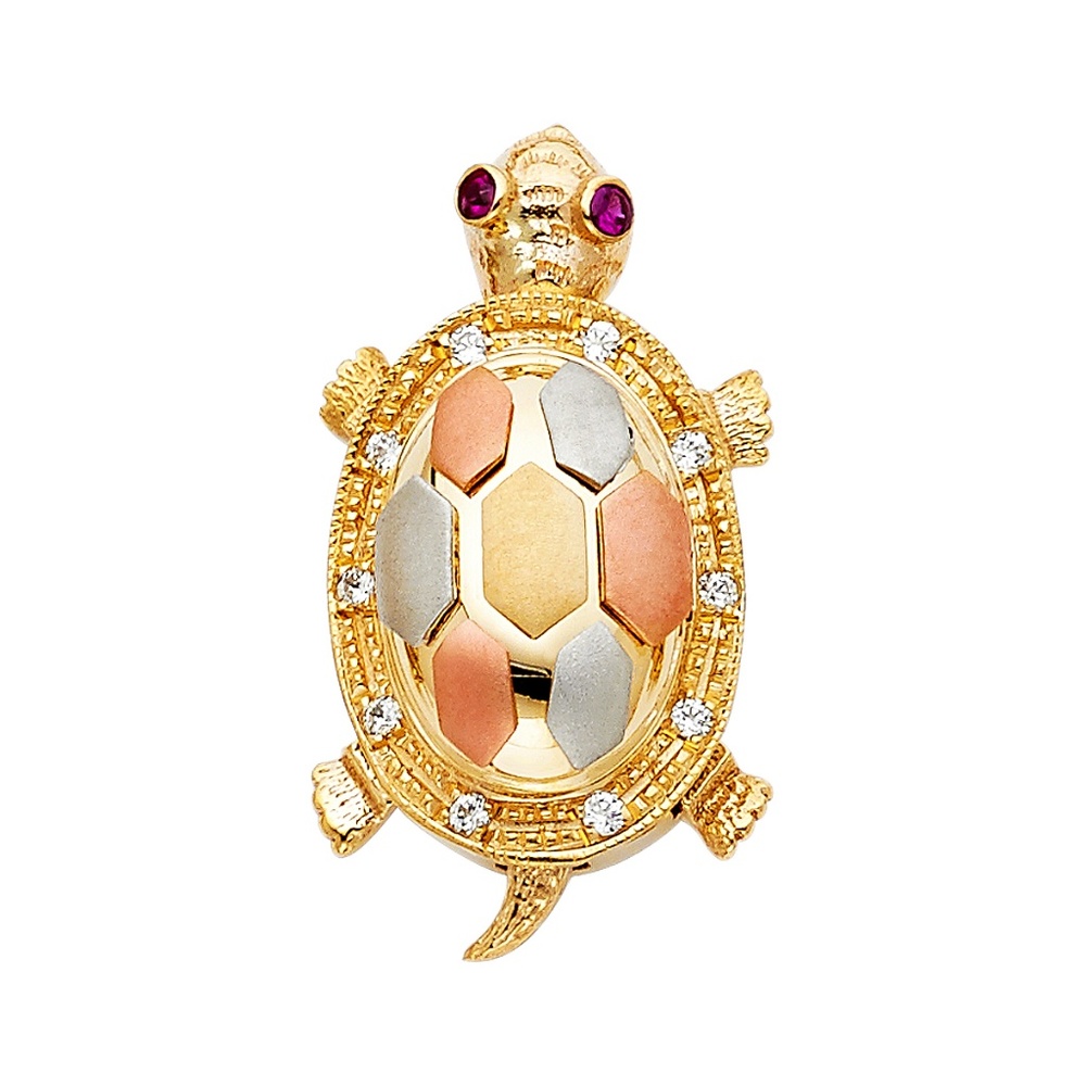 14K Tri Color CZ Turtle Pendant
